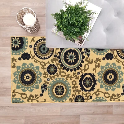 Custom Size Stair Hallway Runner Rug Rubber Back Non Slip Beige Floral Medallion - Image 1 of 4