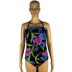 Womens One Piece Swimsuit Black Multi Floral Halter Neck Ruched Tropical Resort - Picture 1 of 17