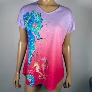 Leoma Lovegrove Damen-T-Shirt neu mit Etikett Größe Medium verziert Seepferdchen tragbar Kunst - Bild 1 von 11