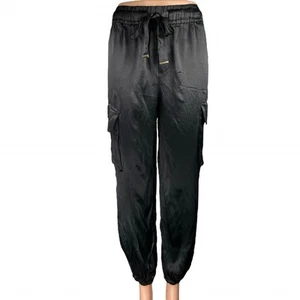 Rachel Zoe Black Silky Satin Drawstring Tapered Trousers Joggers Cargo Pants XS - Picture 1 of 6