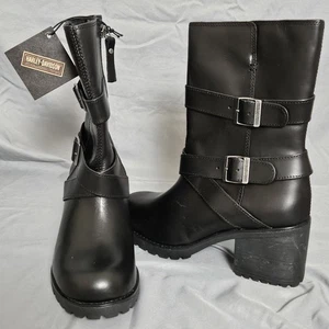 Harley-Davidson Women’s D84713 Black Leather Moto Boots Buckle Zip 8M NWT - Picture 1 of 7