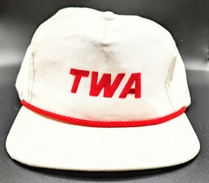 Vintage TWA Airline Strapback Hat White Red Rope Ball Cap Small Logo Made USA✈️ - Picture 1 of 7
