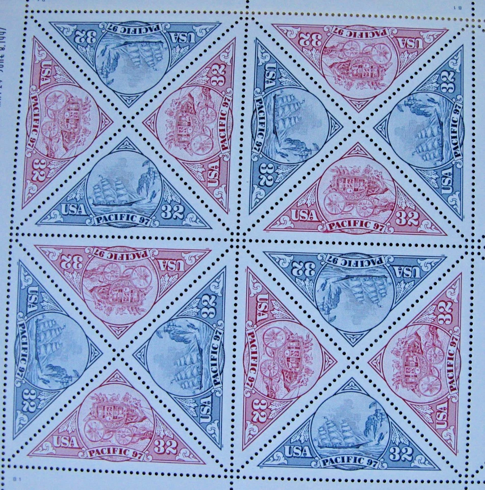 US Stamps, Scott #3130-31 Stagecoach & Ship "Pacific 97" 32c block XF MNH - Image 1 of 1