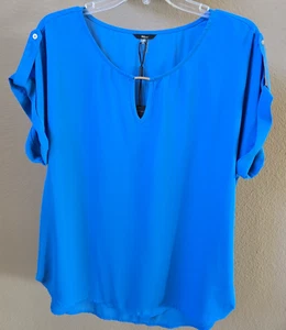 NWT Milano Sz L Teal Blue Lightweight Chiffon Short Cuffed Sleeve V-notch Top - Picture 1 of 10