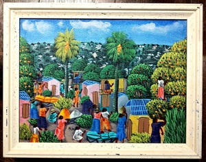 Pintura al óleo vintage firmada por L. Y. Alaby lienzo mercado haitiano Haití enmarcado 15" - Imagen 1 de 3