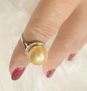 Anello oro bianco 14 kt oro perle dei mari del sud 8,8 mm accenti di diamanti - misura 4,25 - Foto 1 di 9