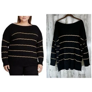 LRL Ralph Lauren Womens Sweater Size 2X Black Gold Stripe Cable Knit Boat Neck - Picture 1 of 11