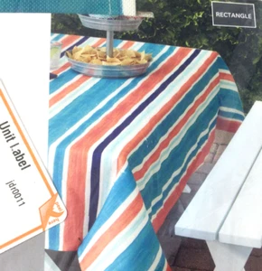Multi Stripe Tablecloth White Blue Coral Orange 60 in x 102 in Outdoor Indoor - Picture 1 of 4