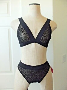 Commando Black Chic Mesh Leopard Stretch Nylon Wire Free Bralette & Thong M/L - Picture 1 of 11