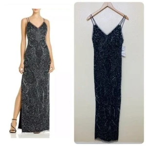 Vestido Formal Aidan Mattox Deco Columna Cuentas Negro Corbata Talla 10 en Azul Marino Crepúsculo - Imagen 1 de 13