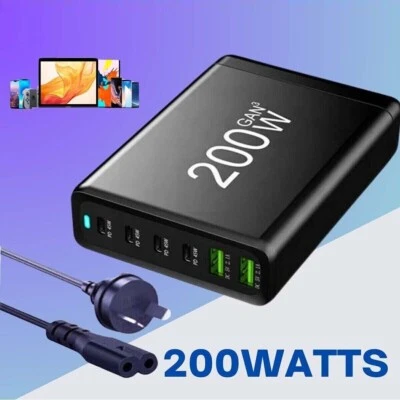 6 Port Fast GaN 200W Multi USB-C Wall Charger Quick Charging QC PD Type C USB - image 1 of 4