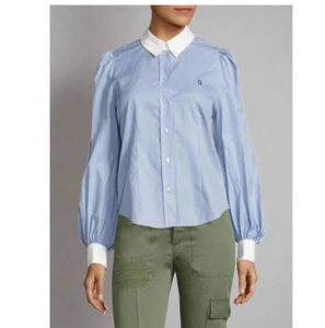 Marc Jacobs Button Up Cotton Shirt Womens 10 Blue Stripe Long Sleeve Cotton Logo - Picture 1 of 7