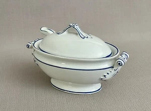 Lovely Antique Child's Miniature Toy Creamware Tureen w/ lId & Ladle - Blue Trim - Picture 1 of 15