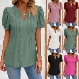 Womens V Neck Short Puff Sleeve Casual T Shirts Ladies Solid Tunic Tops Blouses - Picture 1 of 25