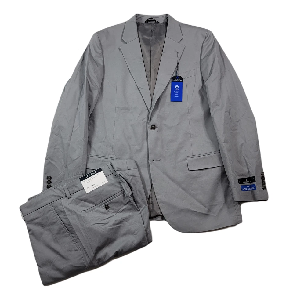 Nautica Cotton Suit Mens 42L 42 2 Piece Pants 36x32 Modern-Fit Stretch Grey