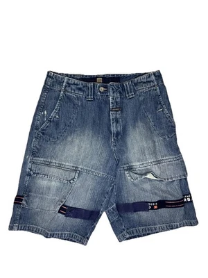 Pantalones Cortos Marithe Francois Girbaud Para Hombres 32 Azul Denim Carga Correa Dobladillo Logo Cinta Foto 1 de 4