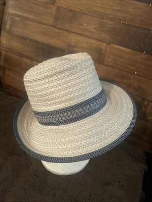 Eric Javits Womens Hat Beige Blue Squishee Straw Fedora Sunhat Packable UPF 50+ - Image 1 of 4