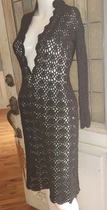Vtg Open Work Crochet Henley Deep Plunge Dress Xs Flaw - Picture 1 of 14