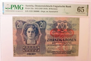 AUSTRIA Ungheria Impero 20 Corone 1919 1913 PMG 65 EPQ Rosso Ovpt. UNC Donna P 53a - Foto 1 di 7