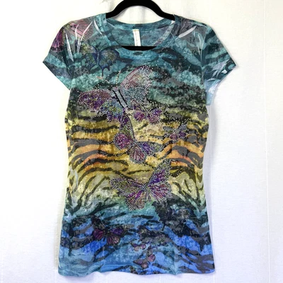 Camiseta S-Twelve Mujer Talla L Multi Estampado Tigre Estrás Mariposa Y2K Grunge Foto 1 de 4