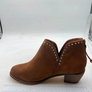 Women Studs Stacked Chunky Low Heel Ankle Booties Cut Out Round Toe Brown Boots - Picture 1 of 7