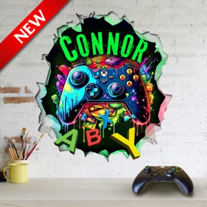 PERSONALISED 3D CRACKED WALL EFFECT GAMER ROOM WALL ART STICKER - Picture 1 of 11