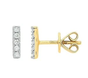 PAIR OF 9CT HALLMARKED YELLOW GOLD 4MM 0.07CT G/H SI DIAMOND BAR STUD EARRINGS - Picture 1 of 5