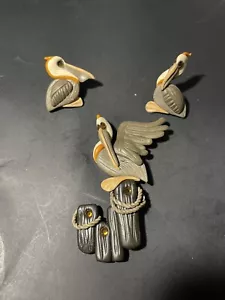 Unique Vintage Pelican Pin Brooch Clay Rhinestone Post Earring Set - Picture 1 of 8