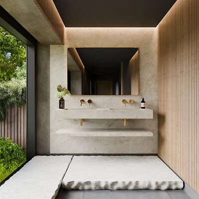 Doppel Waschbecken Waschtisch Marmoroptik Beige mit Ablage - Handgefertigt - Bild 1 von 2