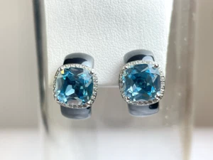 Blue Topaz Square Gemstone Hematite Sterling Silver Stud Huggie Earrings - Picture 1 of 16