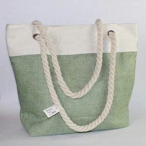 Tote Bag Green Women Day Beach Shopping Full Zip Closure Rope Handles 13x17x5" - Picture 1 of 9