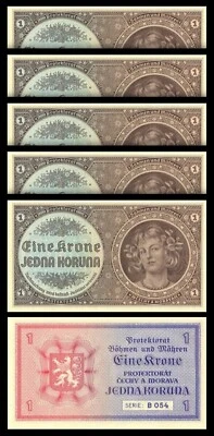 Bohemia & Moravia 1 Corón 1940, aXF, LOTE DE 5 piezas, P-3a Foto 1 de 4