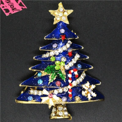 Fashion Women Blue Enamel Cute Christmas Tree Crystal Charm Brooch Pin Gift - Image 1 of 3
