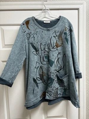 Jess & Jane SZ XL кот котенок туника толстовка синий минерал промытые карманы Artsy - Изображение 1 из 4