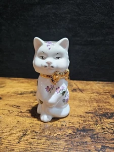 Vintage Ceramic Cat Piggy Bank White And Purple Floral Pattern Cute - Picture 1 of 8