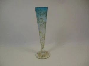 Antique Bohemian Glass Cone Vase 8.5" Clear White to Blue Transition Gold Detail - Picture 1 of 7