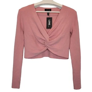 LOVE UNIVERSITY Crop Top Knot Ribbed Blush Pink Long Sleeve V Neck Women's Large - Picture 1 of 7