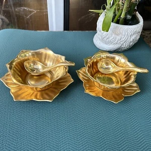 Rare Pickard Lotus Condiment Nut Bowl 24 KT Gold Plate & Spoon. Lot Of 6 Pieces. - Picture 1 of 24