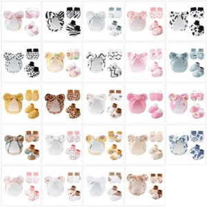 Newborns Essential Cotton Anti Scratch Hand Gloves Foot Cover with Matching Hat - Picture 1 of 30