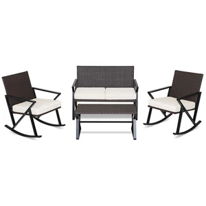 Set of 4 Patio Rattan Wicker Rocking Chairs Loveseat Table Rocker Set Patio - Picture 1 of 4