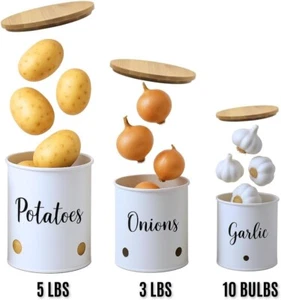 3 Stück Gemüse Vorratsdosen - Stapelbar Weiß Rund Metall Kanister für Kartoffeln - Bild 1 von 5