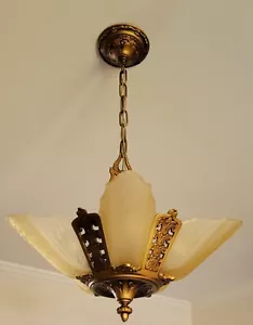 Art Deco Vintage Antique 1931 Etruscan Slip Shade Chandelier Moe Bridges - Picture 1 of 14