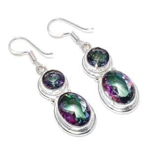 Mystic Topaz Gemstone Handmade 925 Sterling Silver Jewelry Earring Size 1.8" - Picture 1 of 1