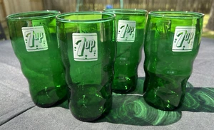 Four (4) 7 Up Green Wavy 12oz Glasses, White Logo w/Bubbles, Vintage 1950s VG!! - Picture 1 of 5