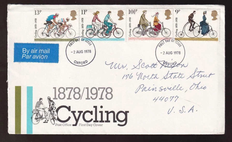 GB FDC 1978 sc#843-846 Cycling, airmail to USA, cycling/FDC info insert - Image 1 of 1