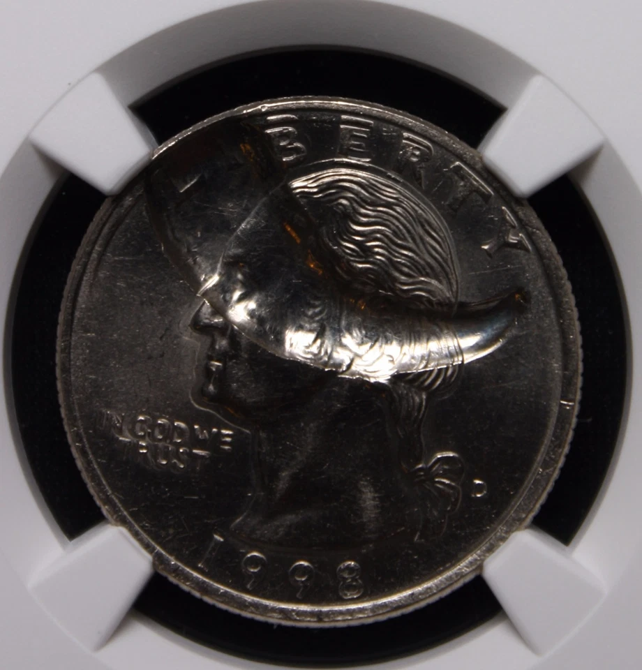 1998-D Quarter Mint Error Coin Struck thru-Double Struck SPIKE THRU GEORGES HEAD - Image 1 of 4