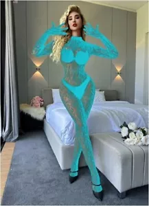 Zentai Sexy Catsuit langarm Nylon Handschuhe S- L Nylon transparent Türkis - Bild 1 von 1