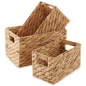 Set of 3 Storage Baskets w Handles, Woven Hyacinth Wicker Nesting Bin Organizers - Picture 1 of 7
