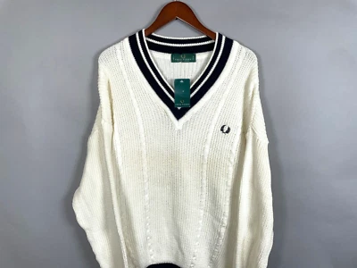 VTG Fred Perry Cotton V-Neck Tennis Sweater Adult XL White Cricket (Discoloring) - Image 1 of 4