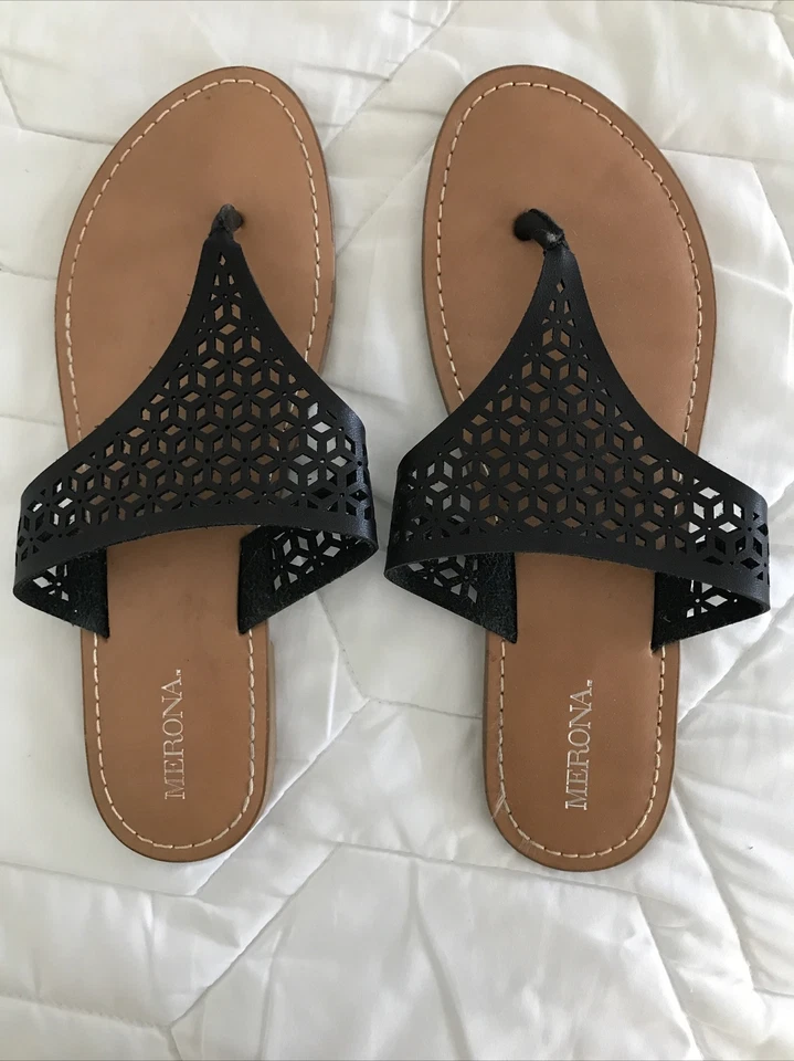 Merona Mujer Sandalias Tanga Negro Talla 8 Geométricas Imitación Cuero Superior Foto 1 de 4